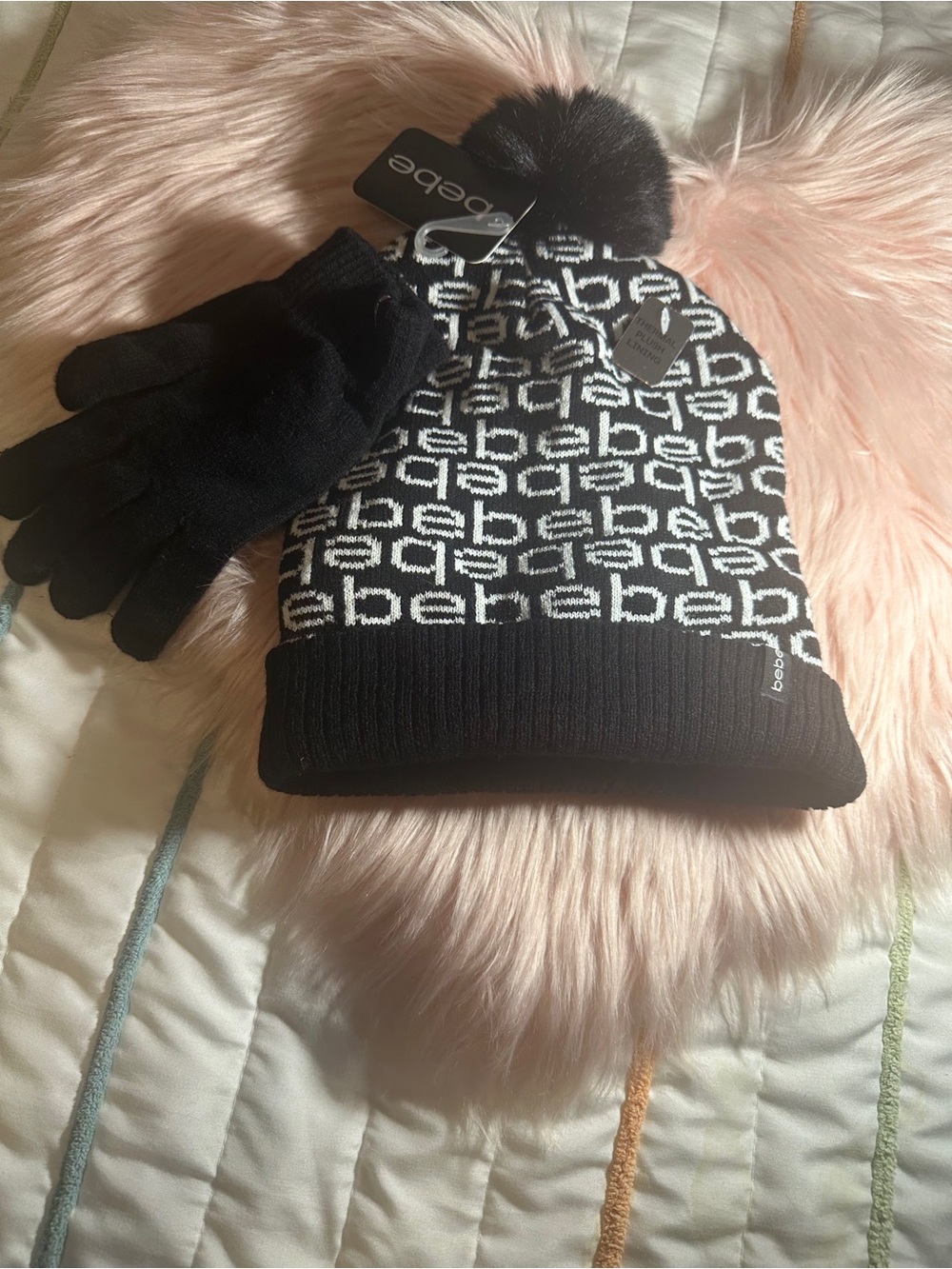 Bebe Women Beanie Cap Hat
Gloves Knit Set Black White Logo Fleece Lining Thermal